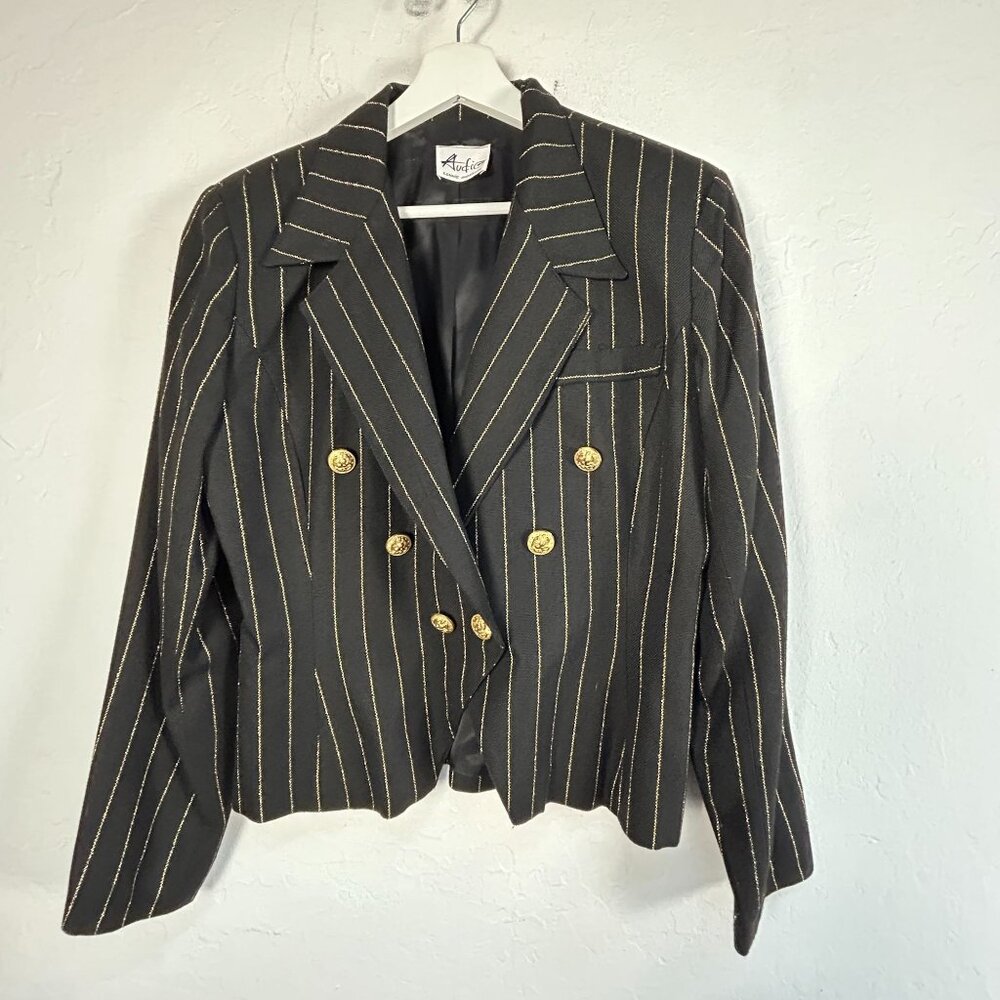 Audio Connie Anderson Womens Pinstripe Double-Breasted Blazer Jacket Black Gold